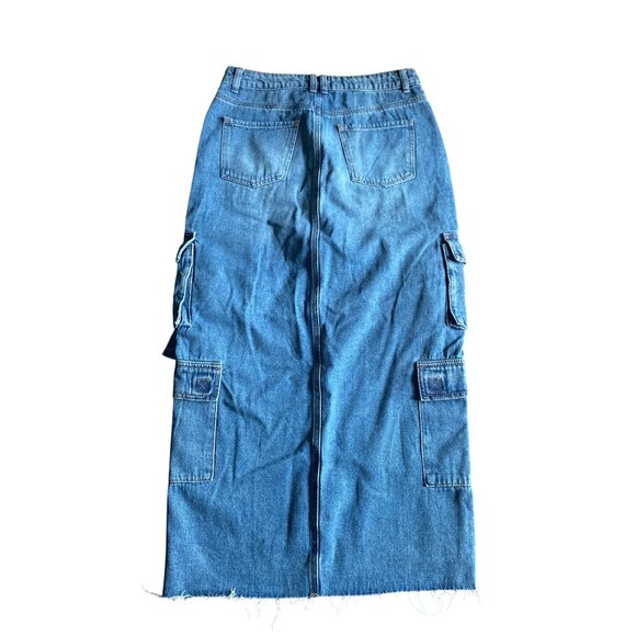 PacSun Womens Indigo Denim Cargo Midi Skirt With Frayed Hem & Multiple Pockets - Picture 2 of 6